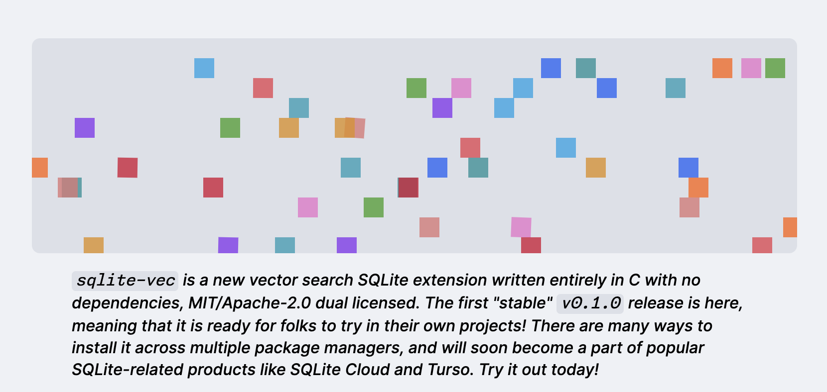 sqlite-vec v0.1.0 Released: Portable Vector Database Extension for SQLite with Support for 1 Million 128-Dimensional Vectors, Binary Quantization, and Extensive SDKs