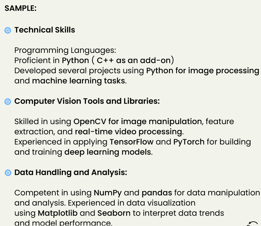 technical kills section in a comoyter vision engineer resume