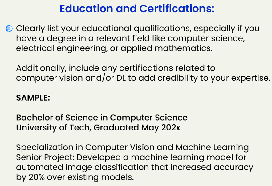 List in chronological order starting with the most recent education and certifications